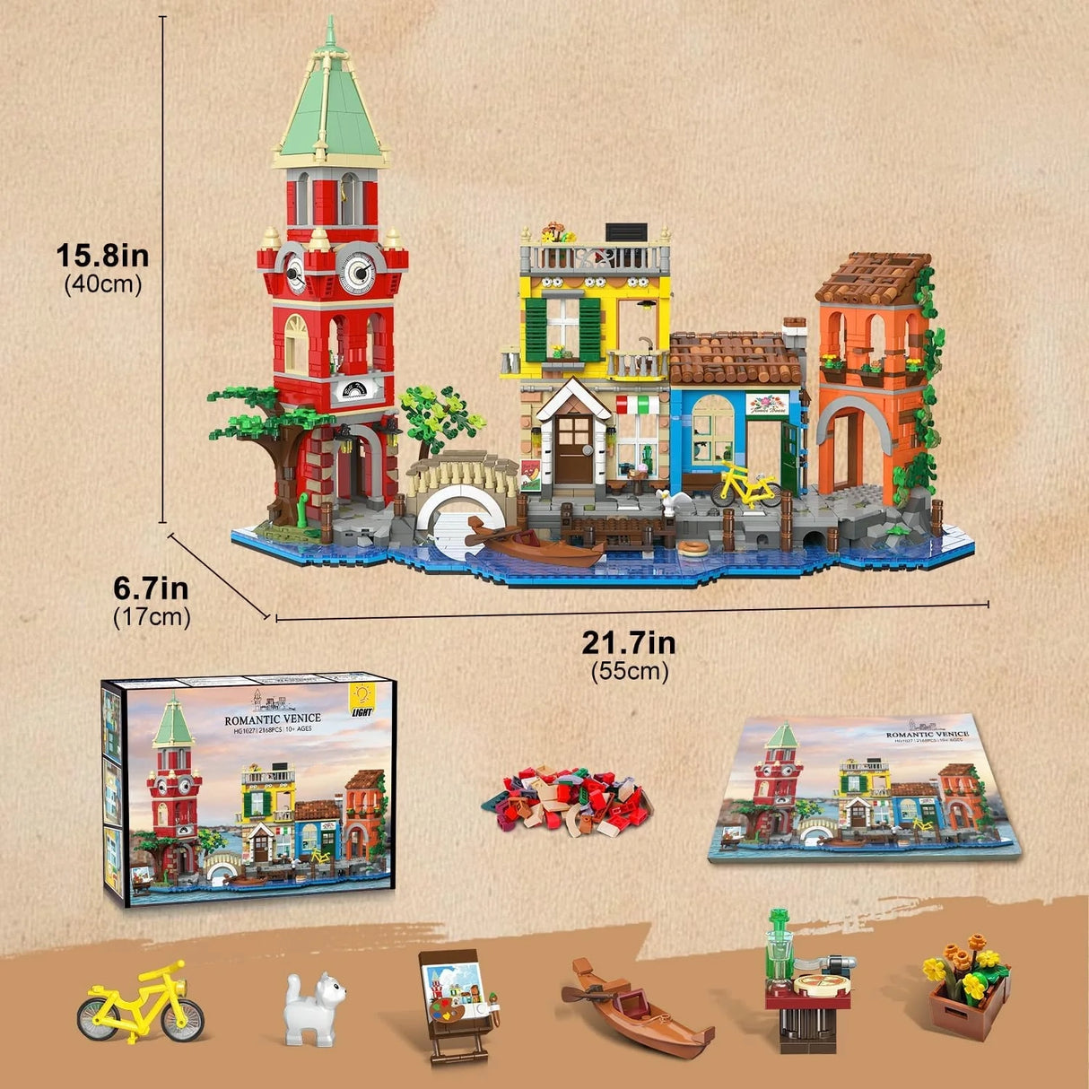 Modellbausatz Romantisches Venedig mit Maßen, Schachtel, Anleitung und Zubehör