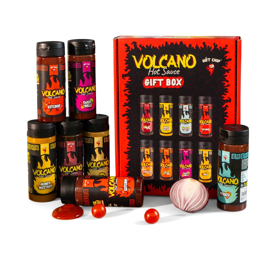 Volcano Hot Sauce Geschenkbox mit verschiedenen Saucenflaschen und Zutaten