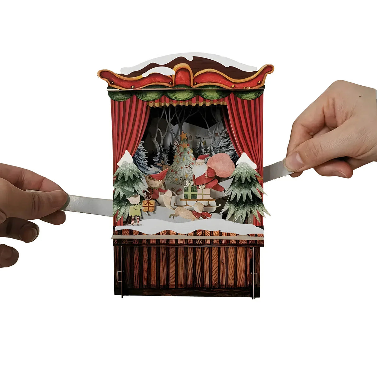 Aufklappbare Weihnachtskarte mit Weihnachtsmann und Elfen in einer Waldszene