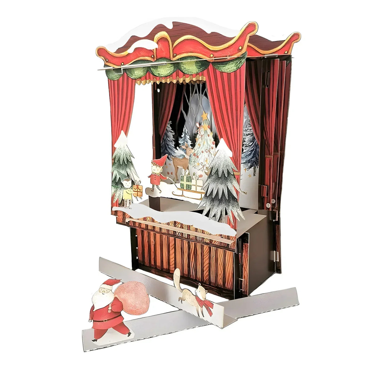 Aufklappbare Weihnachtskarte mit Theaterbühne und Weihnachtsmann
