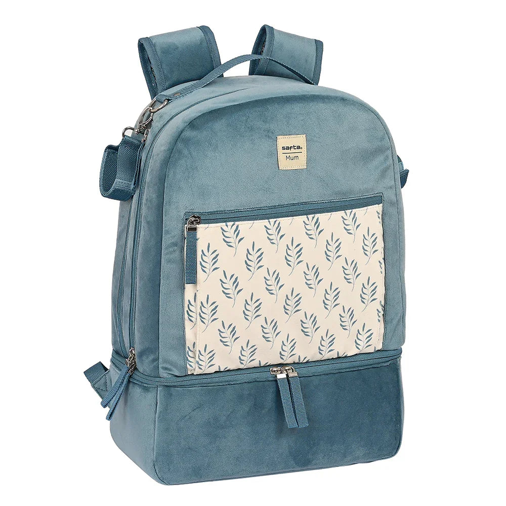 Blauer Samt-Rucksack mit Blattmuster auf der Vordertasche