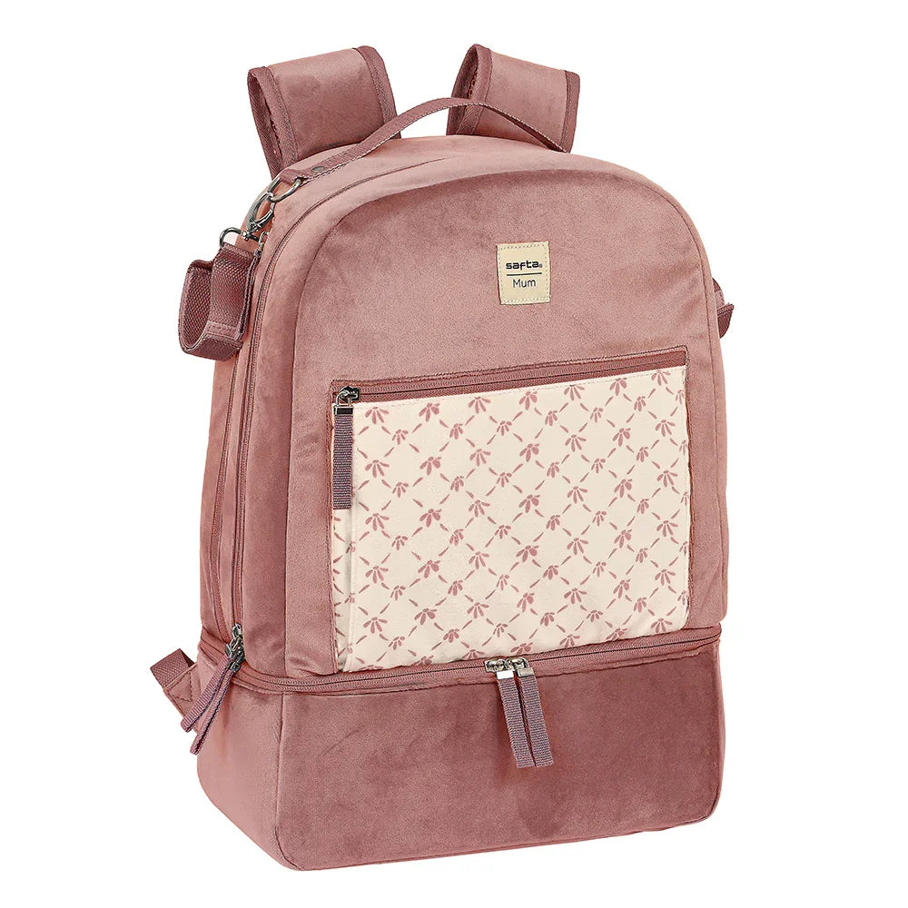 Sarta Mum Wickelrucksack aus rosa Samt mit gemusterter Vordertasche