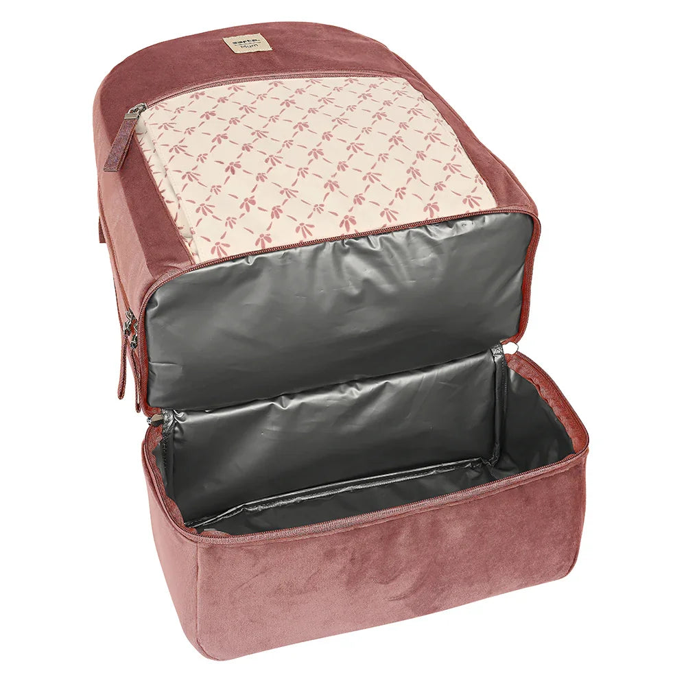 Offener rosa Rucksack mit gemustertem Innenfutter und isoliertem Bodenfach
