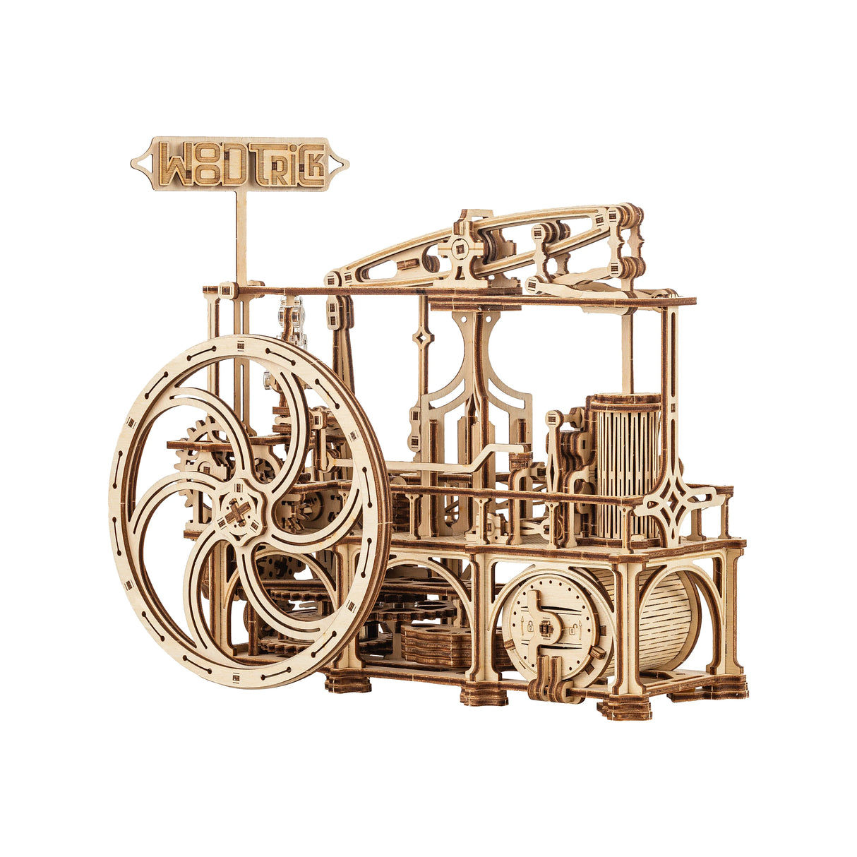 Mechanisches Holzmodell einer Dampfmaschine mit Schwungrad und Zahnrädern