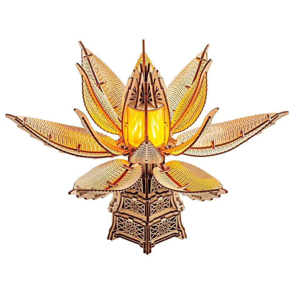 Dekorative Lotusblumen Lampe aus Holz mit gelber Beleuchtung