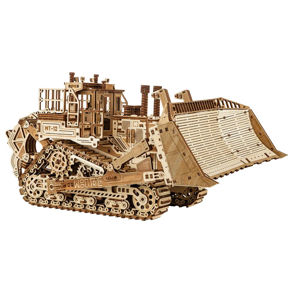 WoodTrick Terrain Titan mechanischer 3D-Holzbausatz – Detailgetreue Planierraupe aus Holz in der Seitenansicht von vorne.