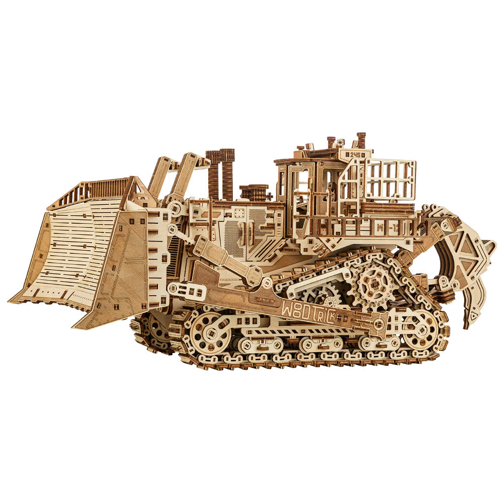 WoodTrick Terrain Titan 3D-Modellbausatz aus Holz – Komplette Seitenansicht der Planierraupe mit Fokus auf das Kettenlaufwerk und mechanische Details.