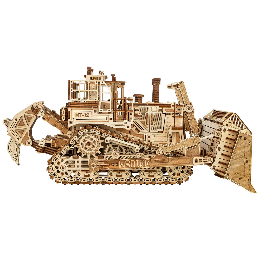WoodTrick Terrain Titan mechanischer Bulldozer – Reine Profil-Seitenansicht des fertigen 3D-Holzbausatzes ohne Kleber.