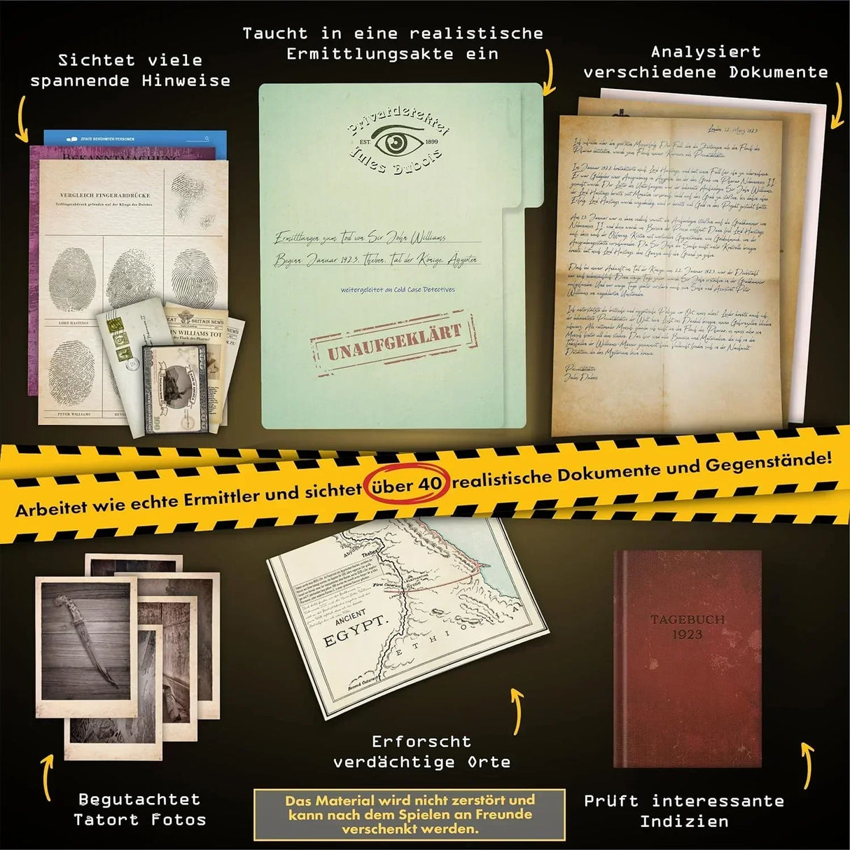 Kriminalspiel mit Ermittlungsakten Dokumenten Tatortfotos und einer Landkarte von Ägypten