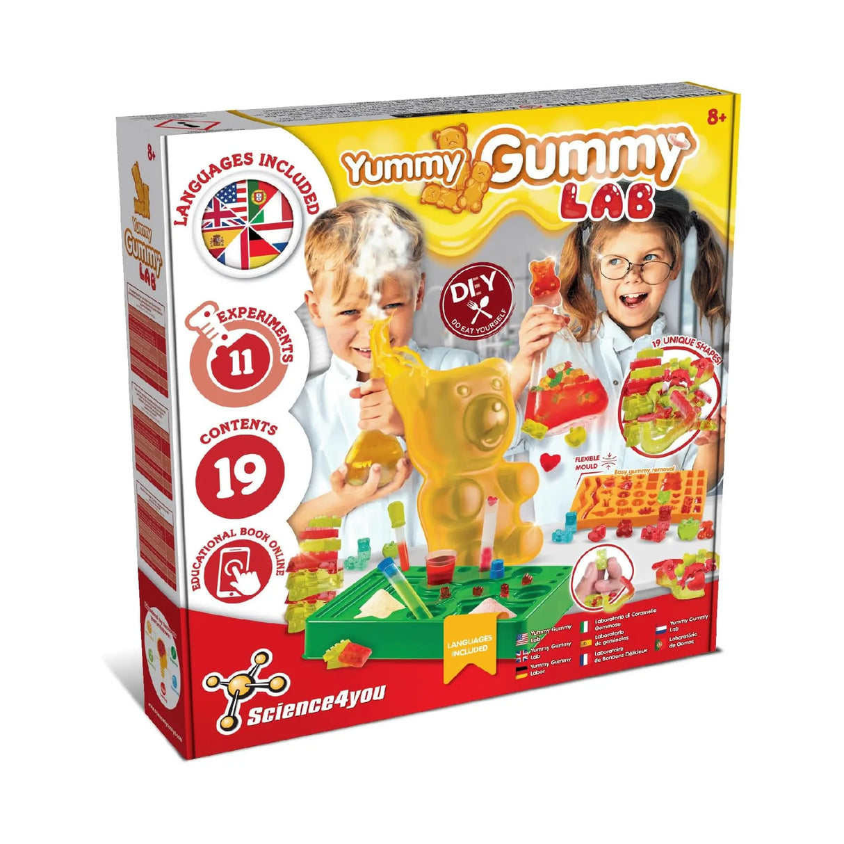 Yummy Gummy Lab Box mit Kindern, die Gummibärchen herstellen, und Details zu Experimenten und Inhalten
