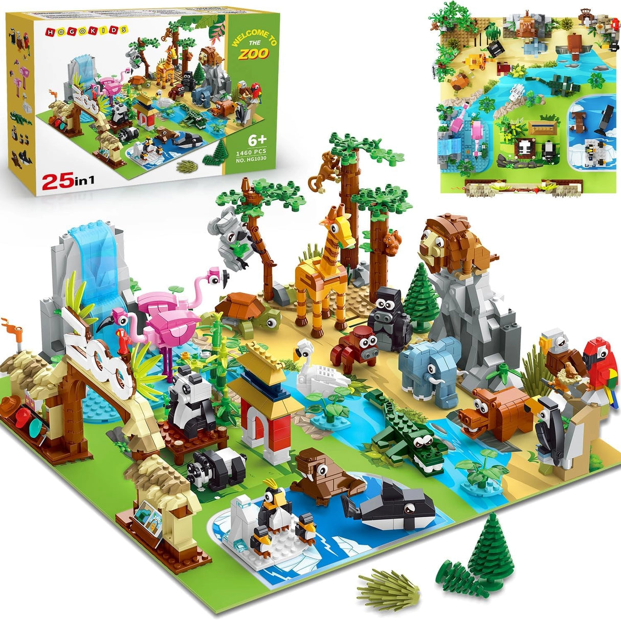 HOGOKIDS 25-in-1 Zoo-Bausatz mit Tieren, Wasserfall und Bäumen