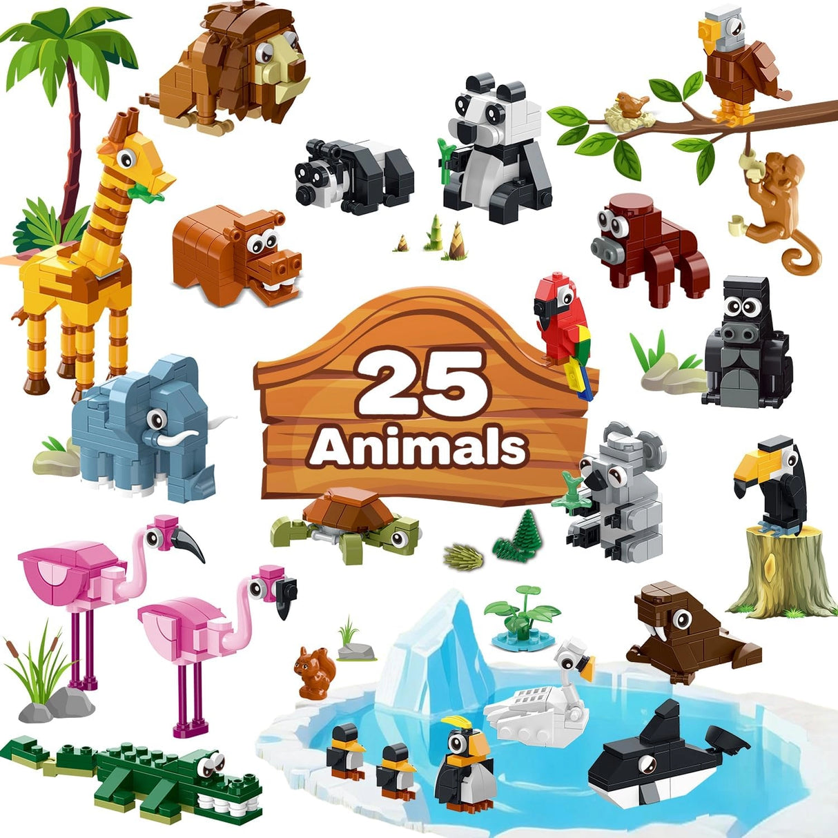 25 verschiedene Tiere aus Bausteinen, darunter Löwe, Elefant, Giraffe, Panda, Affe, Krokodil und Pinguine
