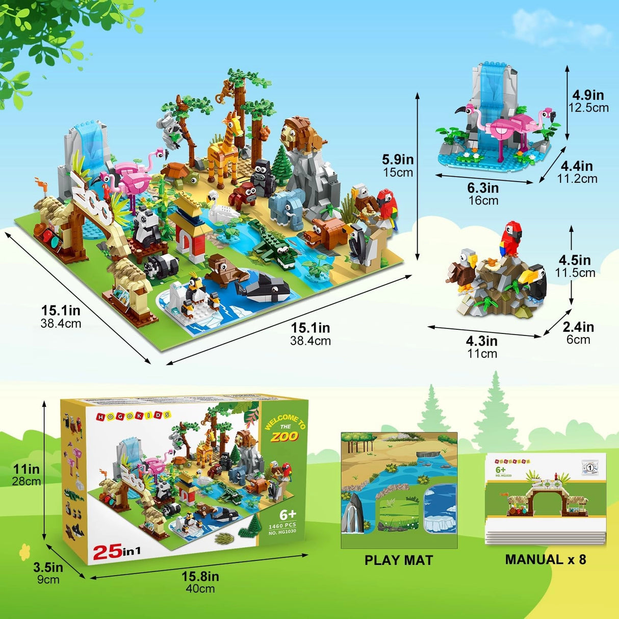 HOGOKIDS 25-in-1 Zoo-Bauset mit Tieren, Wasserfall und Spielmatte