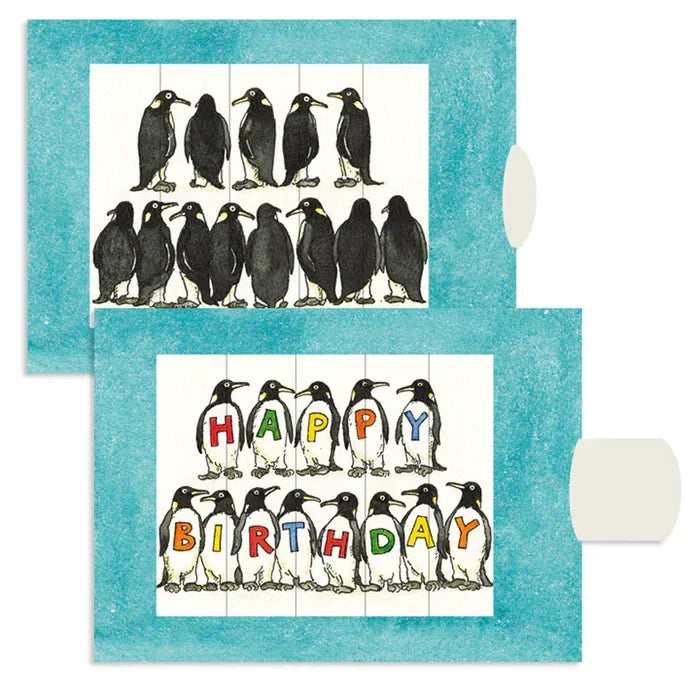 Geburtstagskarte mit Pinguinillustrationen und dem Schriftzug Happy Birthday