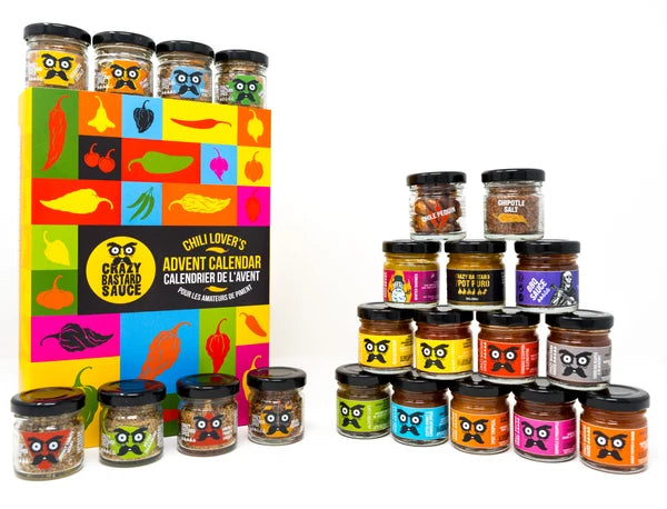 Crazy Bastard Sauce Chili Lover's Adventskalender mit 24 Mini-Gläsern Hot Sauce und Chili-Gewürzen