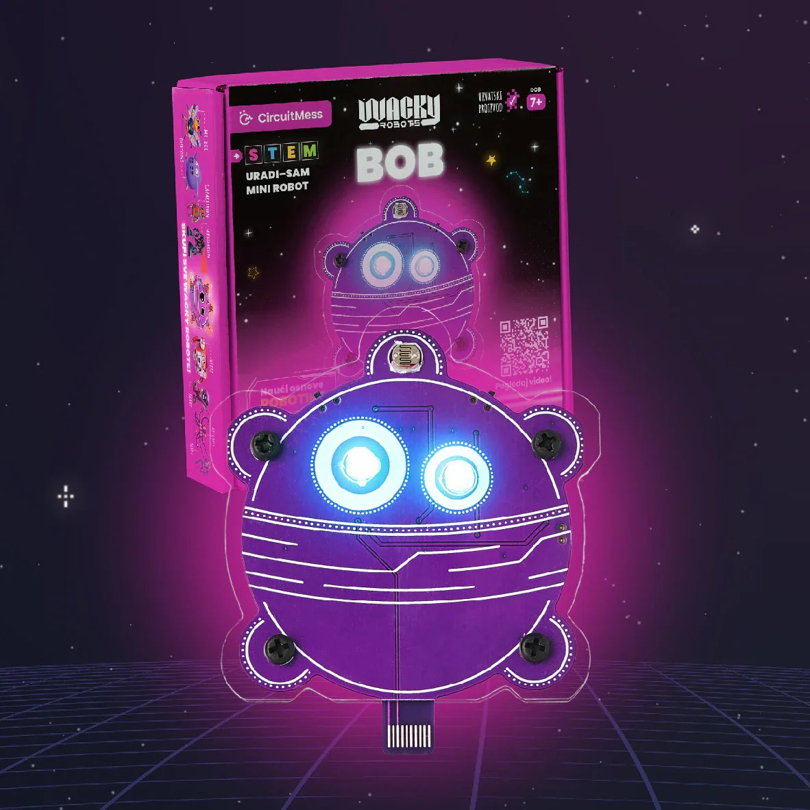CircuitMess Wacky Robots Bob Bausatz mit lila Roboterplatine und Verpackung