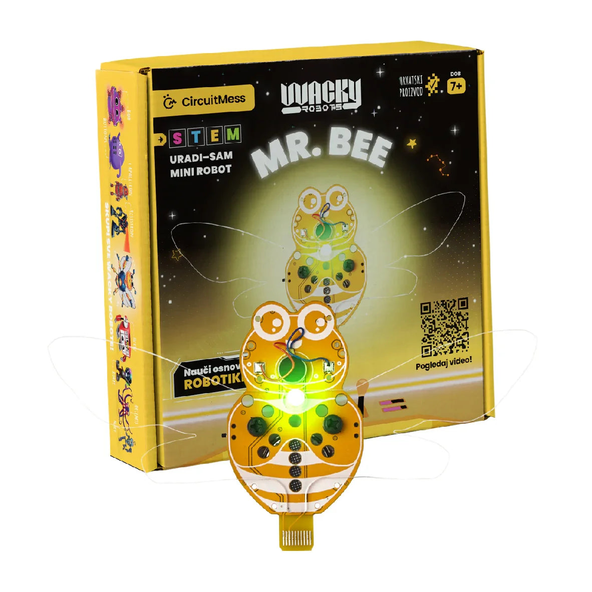 Verpackung und zusammengebauter Mr Bee Mini Roboter Bausatz von CircuitMess