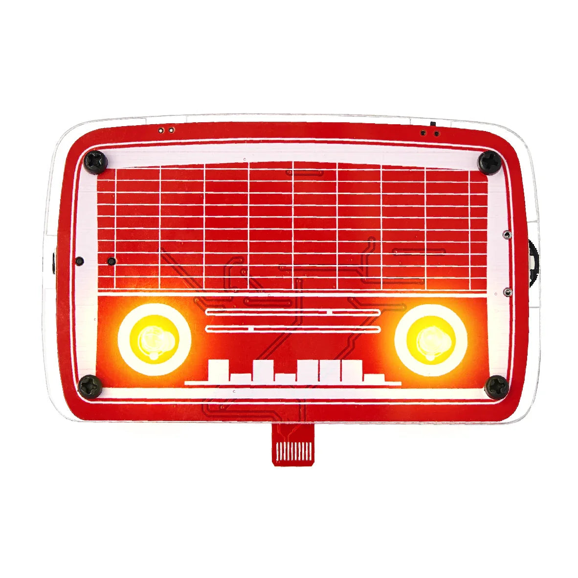 Rote Leiterplatte in Form eines Oldtimer Kühlergrills mit zwei leuchtenden gelben LED Scheinwerfern