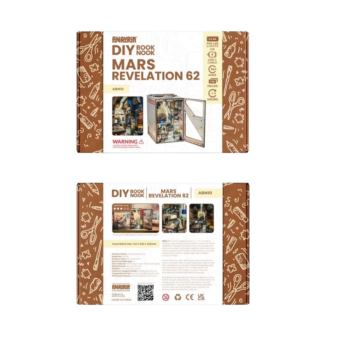 Verpackung des DIY Book Nook Mars Revelation 62 mit Produktbildern und technischen Informationen