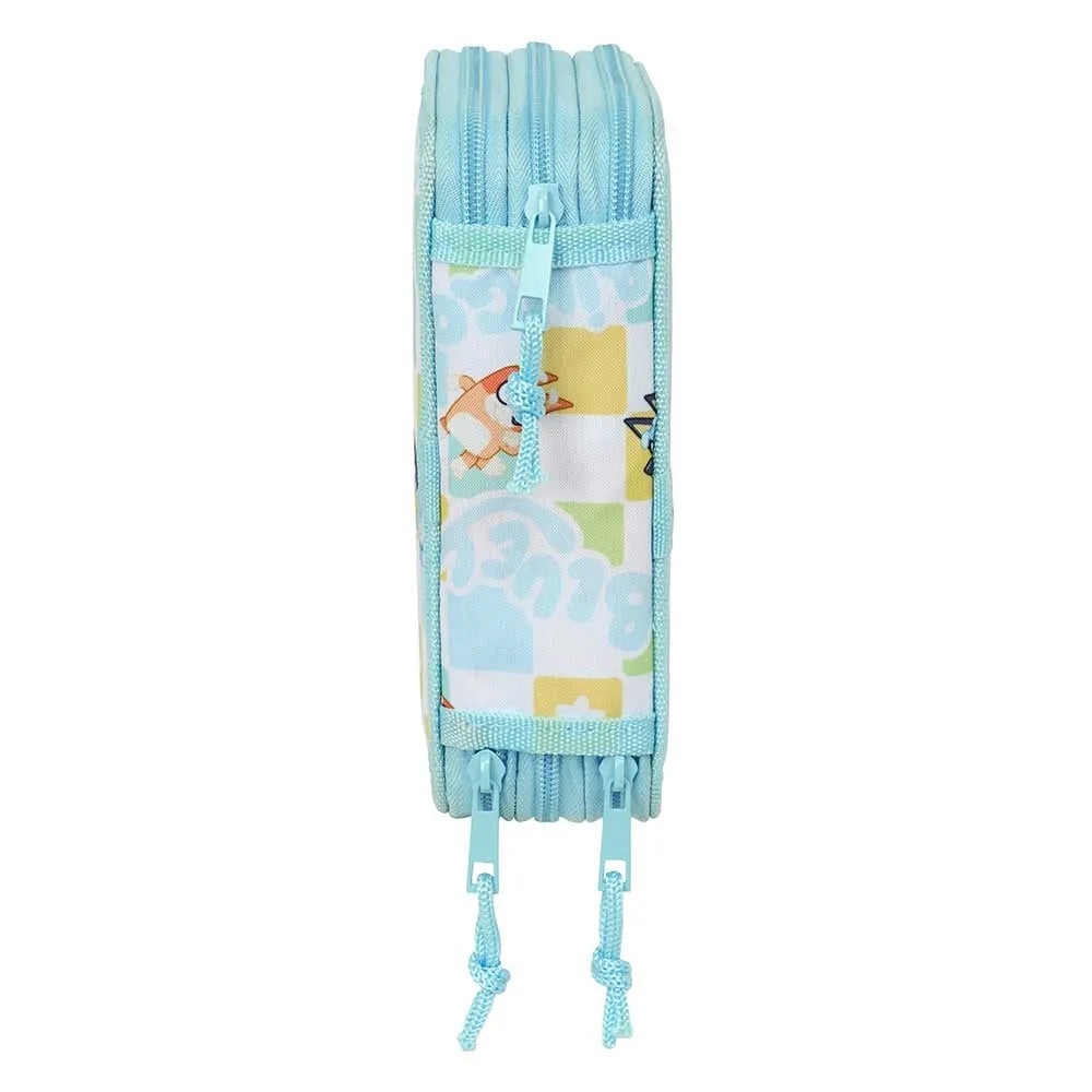 Hellblaue Federtasche mit Reißverschlüssen und Bluey-Muster