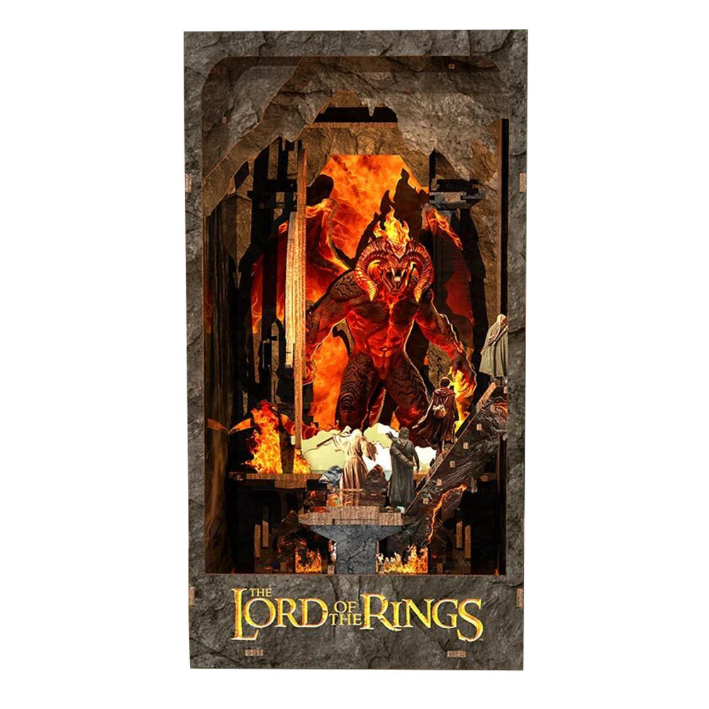 Herr der Ringe Balrog Book Nook Frontansicht mit Gandalf, feurigem Balrog und Brücke von Khazad-dûm in den Minen von Moria