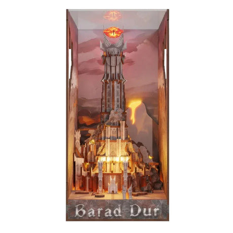 Herr der Ringe Barad-dûr Book Nook Frontansicht mit beleuchtetem Sauron-Turm, glühender Lava und Auge Saurons