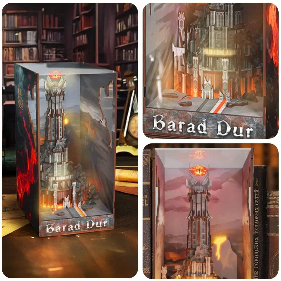 Herr der Ringe Barad-dûr Book Nook Detailansichten mit dunklem Turm, Lava und Auge Saurons im Bücherregal