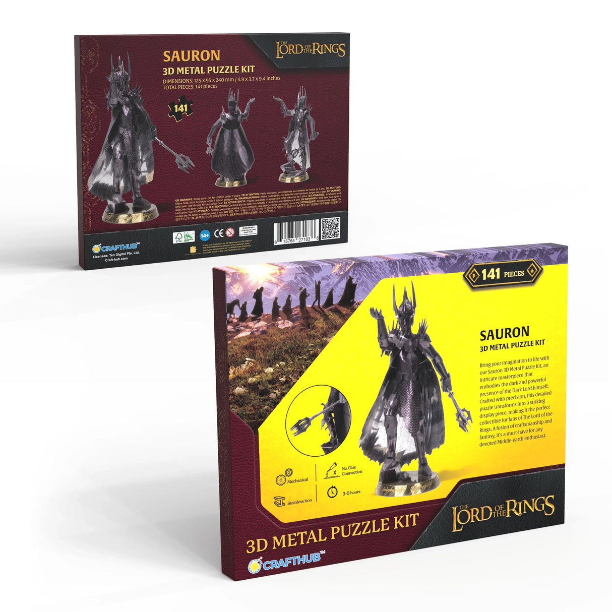 Der Herr der Ringe Sauron 3D Metallpuzzle Craft Hub Verpackung mit 141 Teilen, Vorder- und Rückseite – Modellbausatz
