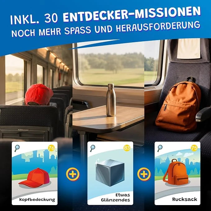 Drei Entdecker-Missionskarten (Kopfbedeckung, etwas Glänzendes, Rucksack) mit passenden Fotos im Zugabteil, Hinweis auf 30 Entdecker-Missionen.