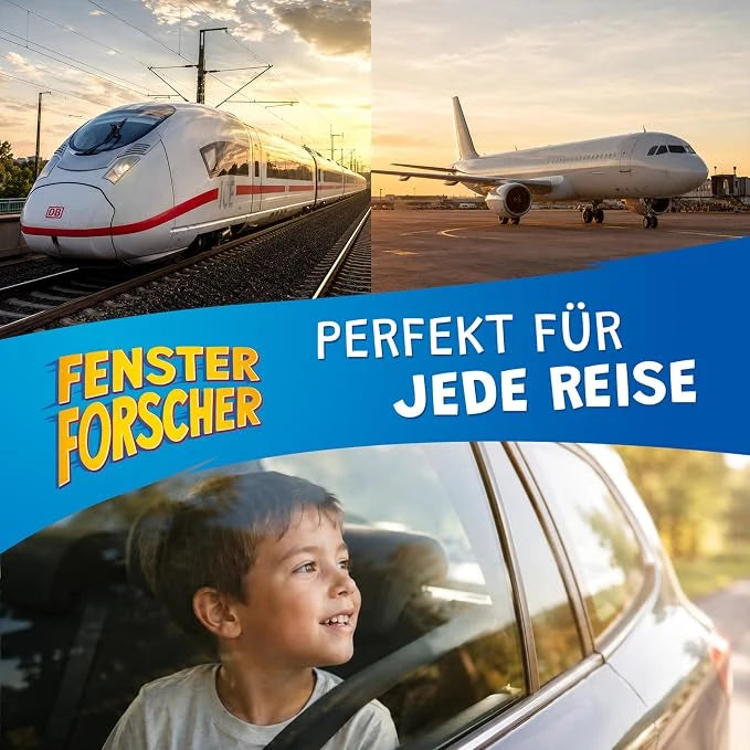 Collage aus Zug, Flugzeug und Junge, der aus dem Autofenster schaut, Text "Fensterforscher – perfekt für jede Reise"