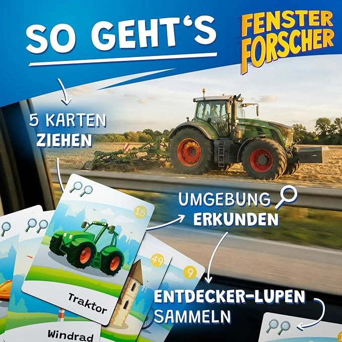 Spielanleitung des Fensterforscher mit Traktor-Spielkarte vor echtem Traktor auf dem Feld, Schritte "5 Karten ziehen, Umgebung erkunden, Entdecker-Lupen sammeln"