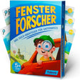 Verpackung des Fensterforscher-Reise-Suchspiels von Toleva mit Beispielkarten und Junge mit Lupe im Auto, ab 5 Jahren