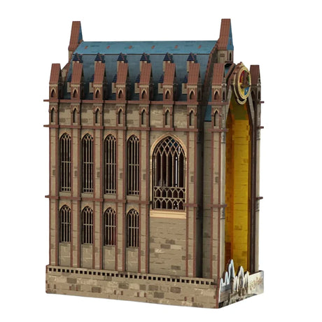 Harry Potter Book Nook Grosse Halle – Aussenansicht des Hogwarts-Gebäudes mit gotischen Fenstern und blauem Dach, DIY Modellbausatz