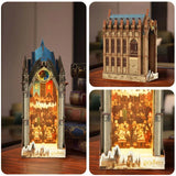 Harry Potter Book Nook Grosse Halle – drei Ansichten des beleuchteten Buchstützen-Dioramas mit Innenraum, Aussenfassade und Detailbeleuchtung