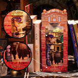Harry Potter Book Nook Winkelgasse im Bücherregal mit Detailansichten von Eulen-Ladenschild und Figuren in der Winkelgasse