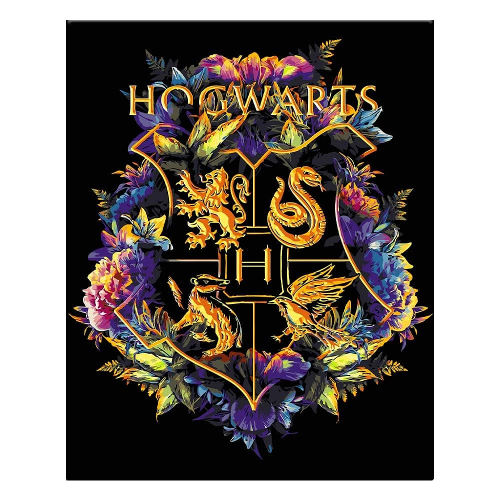 Harry Potter Hogwarts Wappen Malen nach Zahlen mit den vier Häusertieren, Löwe, Schlange und farbenfrohem Blumendesign auf schwarzem Grund