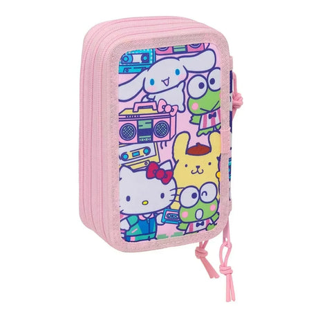 Rosa Federmäppchen mit Sanrio-Charakteren wie Hello Kitty, Cinnamoroll und Keroppi
