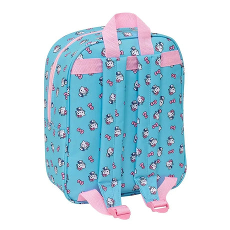 Blauer Hello Kitty Rucksack mit rosa Trägern und Schleifenmuster