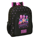 Schwarzer Rucksack mit K-Pop Demon Hunters Grafik und drei weiblichen Figuren