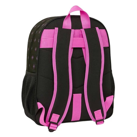 Rückseite eines schwarzen Rucksacks mit pinken Trägern und einem Netzfach an der Seite