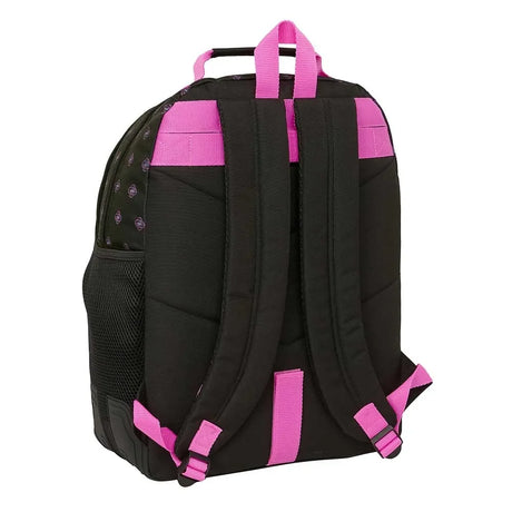 Schwarzer Rucksack mit pinken Trägern und Griff, Rückansicht