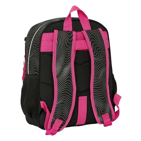 Schwarzer Rucksack mit pinken Trägern und weißem Wellenmuster