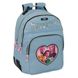 Blauer Rucksack mit K-Pop-Design und drei Mädchen in einem Herz auf der Vordertasche