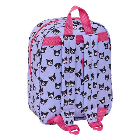 Lila Rucksack mit Kuromi-Muster und pinken Reißverschlüssen und Trägern
