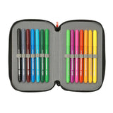 Offenes Federmäppchen mit 12 farbigen Stiften in Schwarz, Grau, Blau, Türkis, Grün, Hellgrün, Magenta, Pink, Orange, Gelb