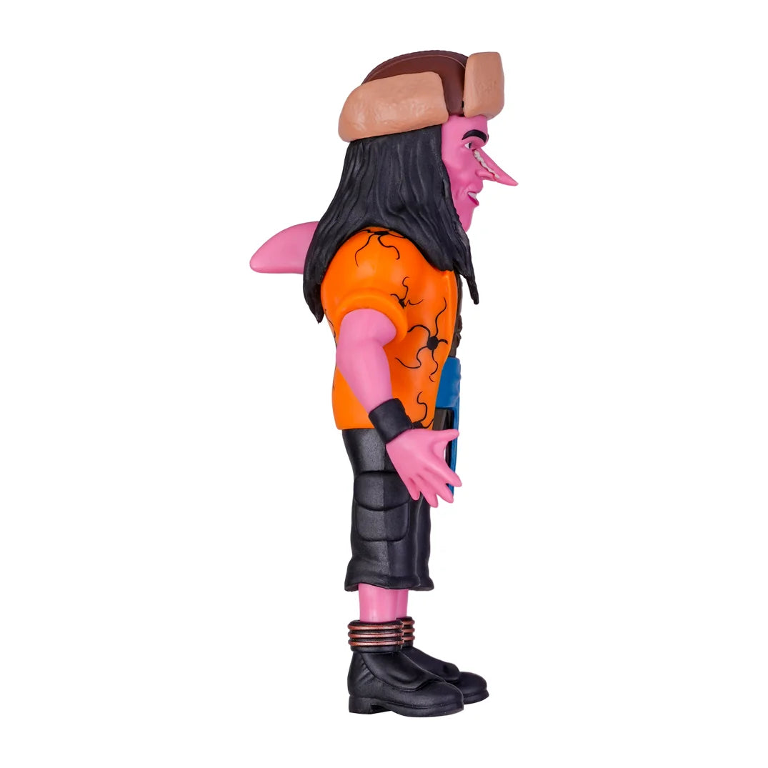 Sammelfigur mit rosa Haut, langer Nase, schwarzem Haar, Pelzmütze und orangefarbenem Hemd in Seitenansicht