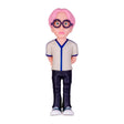 Sammelfigur mit rosa Haaren und Brille in einem hellen T-Shirt und dunkler Hose
