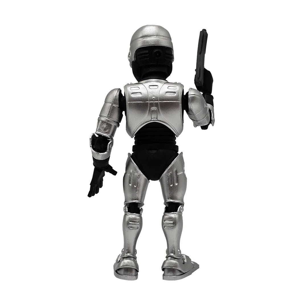 Rueckansicht einer silbernen Robocop Actionfigur mit schwarzer Waffe