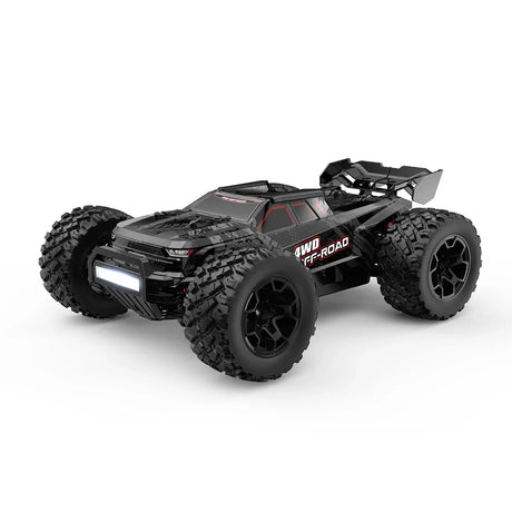 MJX Hyper Go 14207 1:14 RC-Truggy in mattschwarzer Optik mit eingeschalteter LED-Frontbeleuchtung und Heckspoiler.