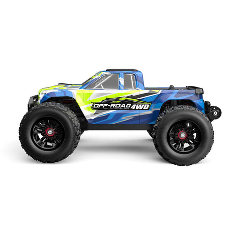 Seitenansicht des MJX Hyper Go 14208 4WD Offroad-RC-Trucks mit hoher Bodenfreiheit, roten Radmuttern und seitlichem "Off-Road 4WD" Schriftzug.